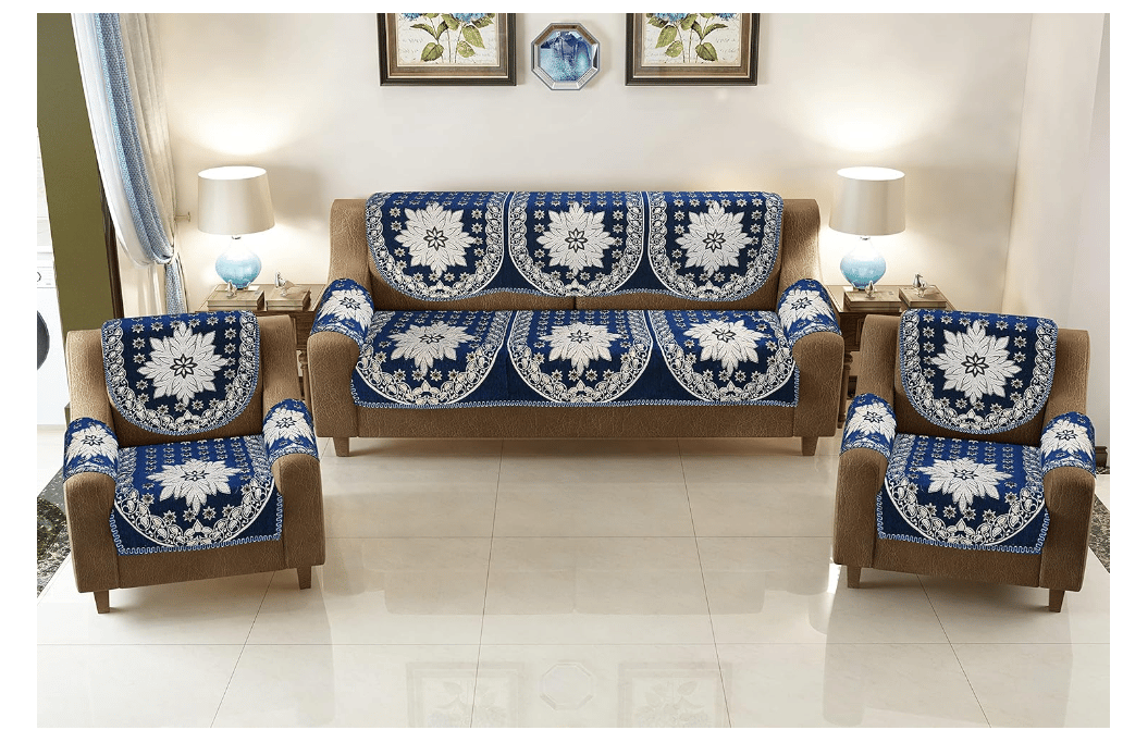 ELOHIM 5 Seater Polycotton Sofa Cover Set with 6 Pieces Arms Cover - Pack of 12 Pieces (Blue)