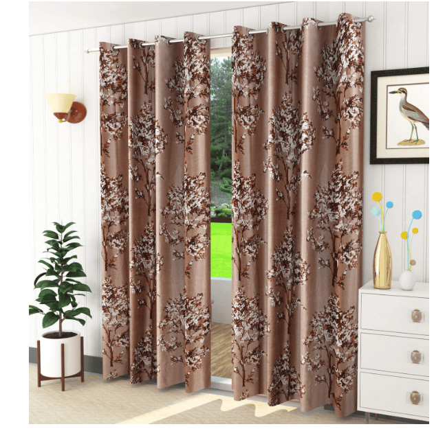 ELOHIM Eyelet Polyester Door Curtain (7 feet x 4 feet, Brown) -Pack of 2