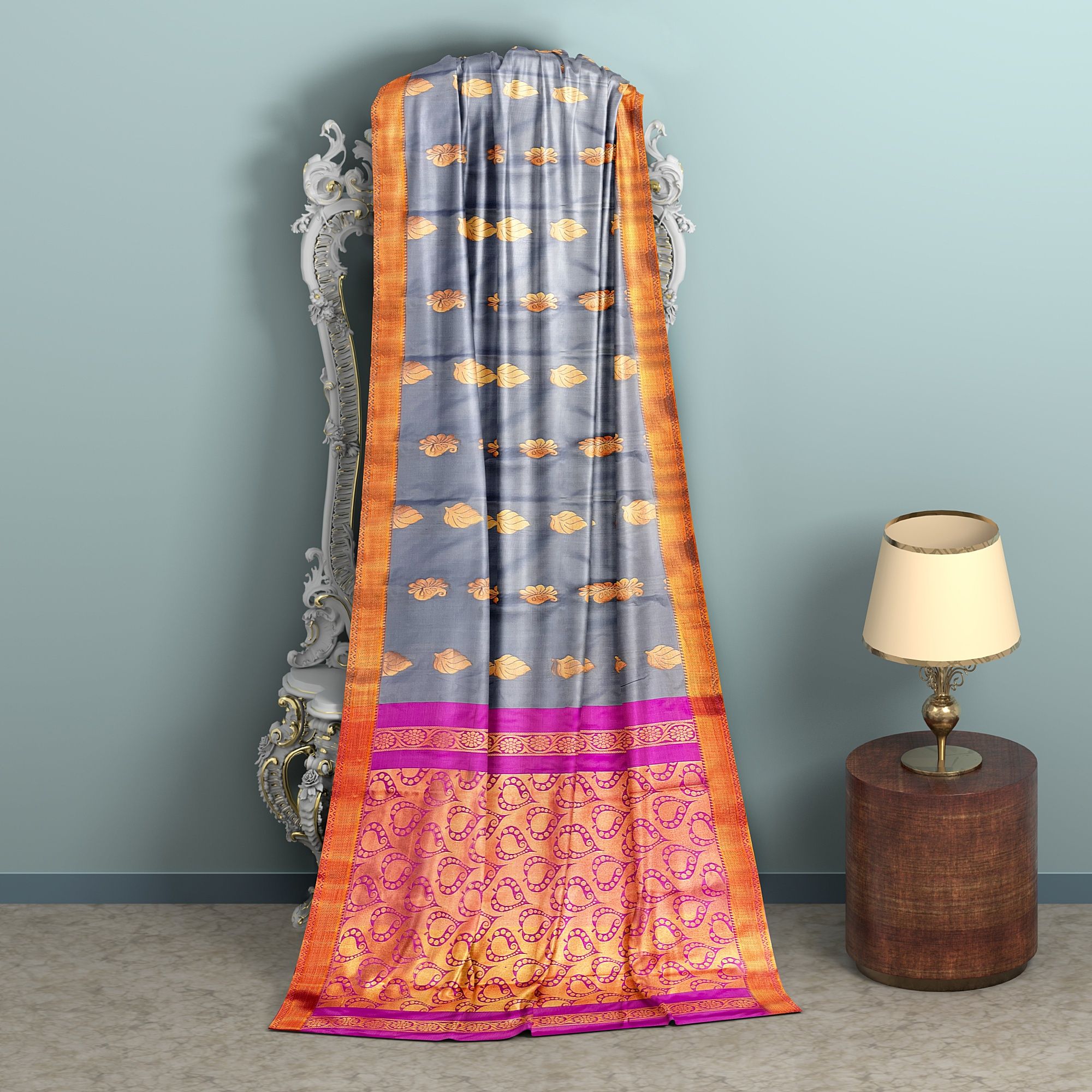 Soft And Breathable Grey Saree With Golden And Pink Border