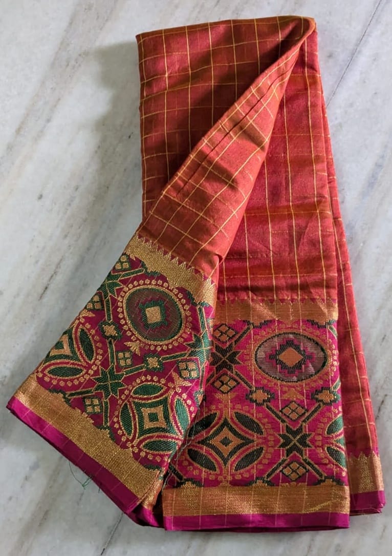 Red and gold checked pattern silk saree with zari border