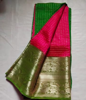 Green and Pink Silk Saree With Golden Zari Border Green and Pink Silk Saree With Golden Zari Border
