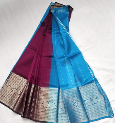 Blue and maroon color traditional south indian silk saree with zari border Blue and maroon color traditional south indian silk saree with zari border