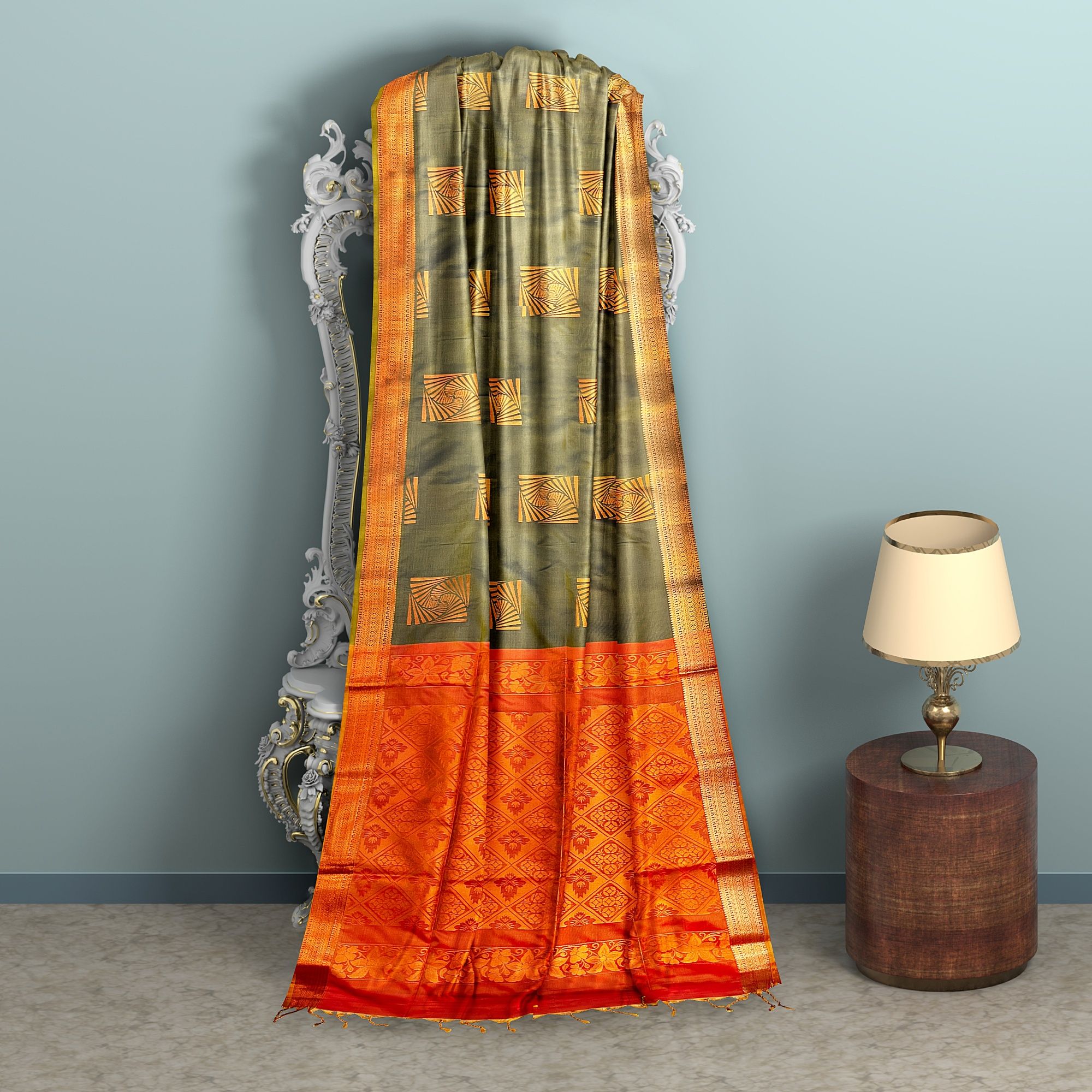 grass Green and Orange semi Silk Saree With Blouse Piece