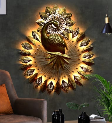 Handmade Decorative Metal Golden Peacock with LED Light for Living room Decoration 45 x 38 Inch Handmade Decorative Metal Golden Peacock with LED Light for Living room Decoration 45 x 38 Inch