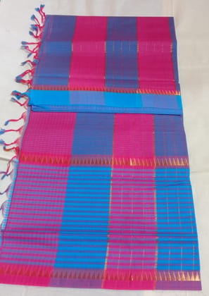 Double Petanchu Pink and Blue Mangalagiri Cotton Saree With Blouse Piece Double Petanchu Pink and Blue Mangalagiri Cotton Saree With Blouse Piece