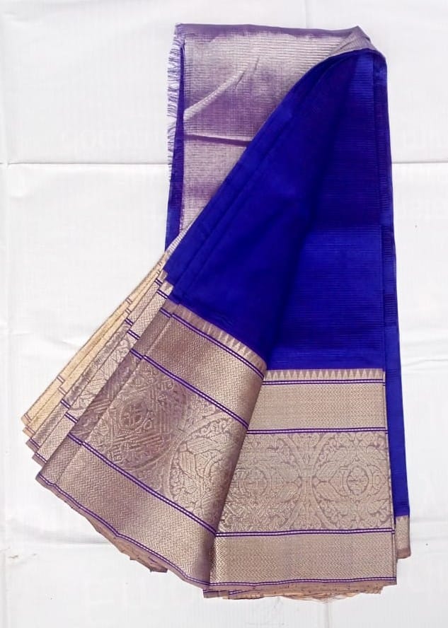 Mangalagir Cotton Silk Blue Saree With Golden Zari Border