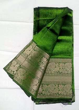 Mangalagiri cotton silk Green Saree With Golden Zari Border Mangalagiri cotton silk Green Saree With Golden Zari Border