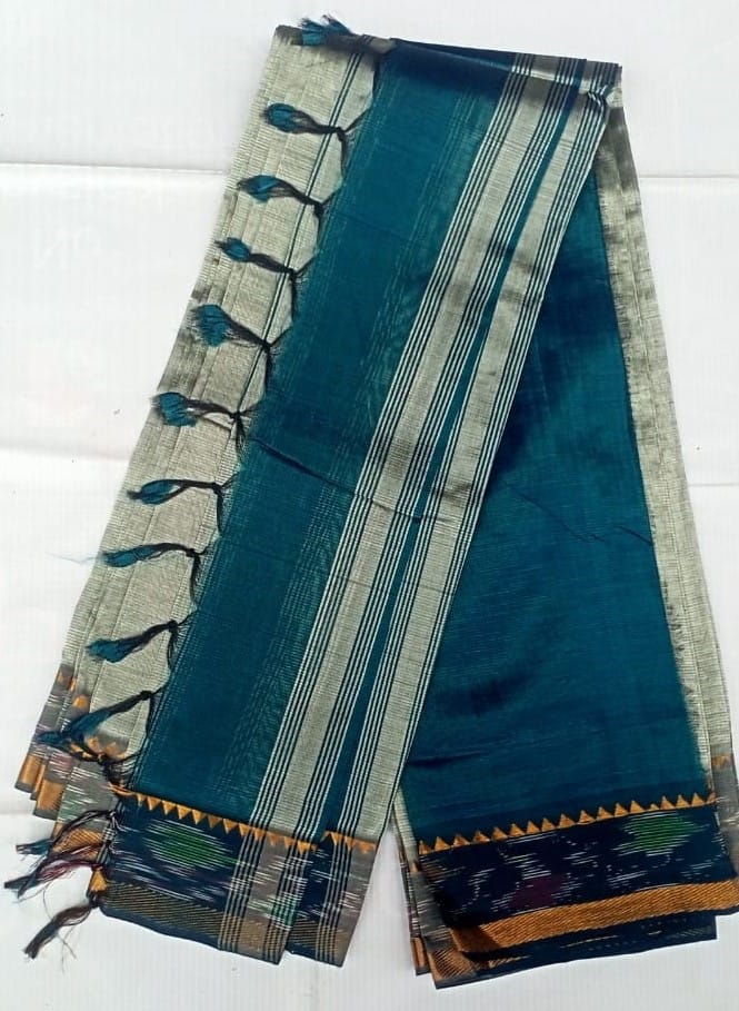 Green and Silver Striped Saree with Golden Border