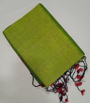  Green Linen Saree With Red And Black Tassels