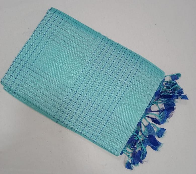 Seafoam Green and Royal Blue Linen Saree With Silver Zari Border