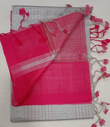  Pink and Silver Tissue Linen Saree With Blouse Piece