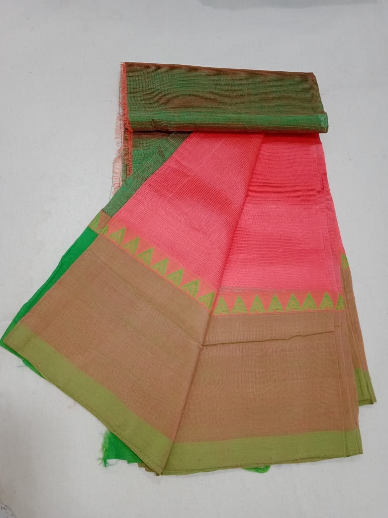  Green and Pink Pure Handloom Cotton Saree With Blouse Piece
