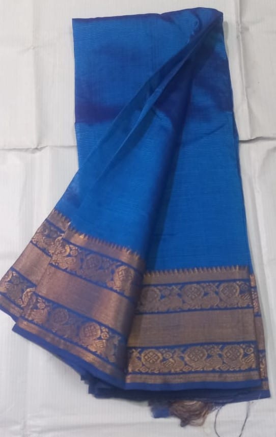 Blue Saree With Golden Border