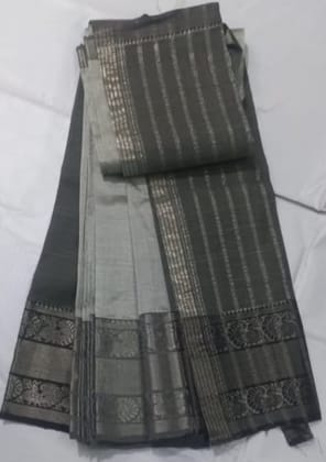  Grey and Silver Striped Saree with Ornate Silver Border