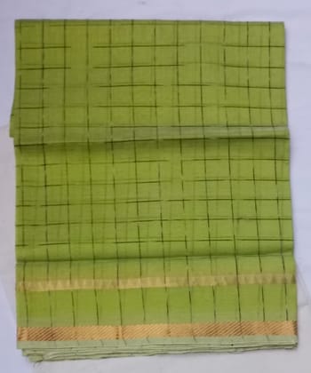  Green Checkered Cotton Saree With Golden Border