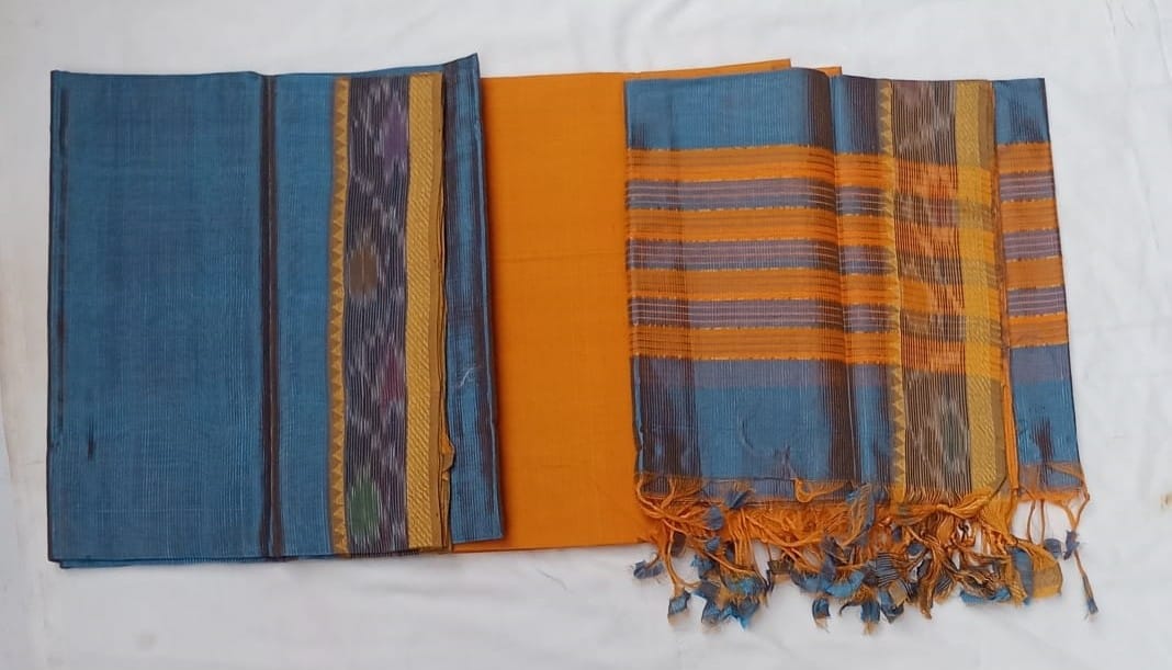 Blue and Orange Cotton Dress with Dupatta