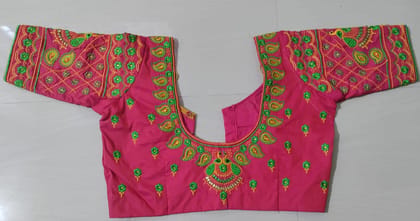  Pink and green embroidered boat neck blouse with elbow sleeves