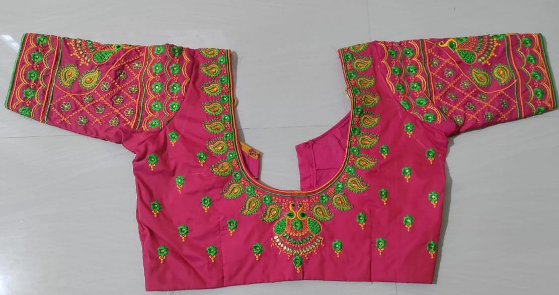 Pink and green embroidered boat neck blouse with elbow sleeves