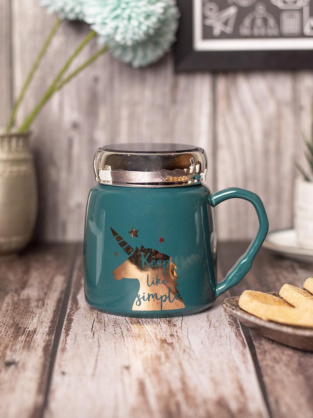 Keep Like Simple' Coffee Mug With Lid - Sea Green, 360Ml