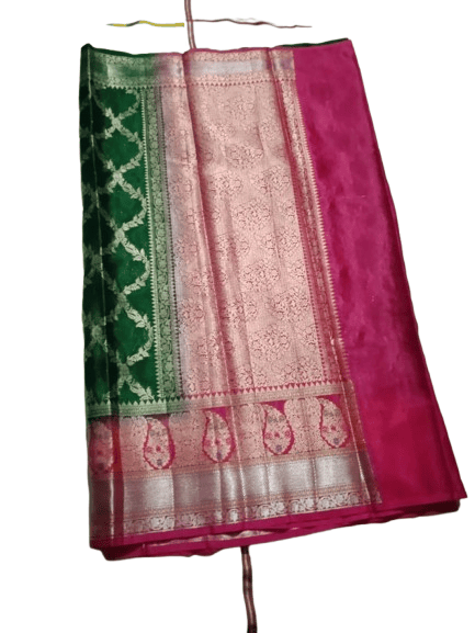 Green and Pink Banarasi Silk Saree with Silver Zari Border