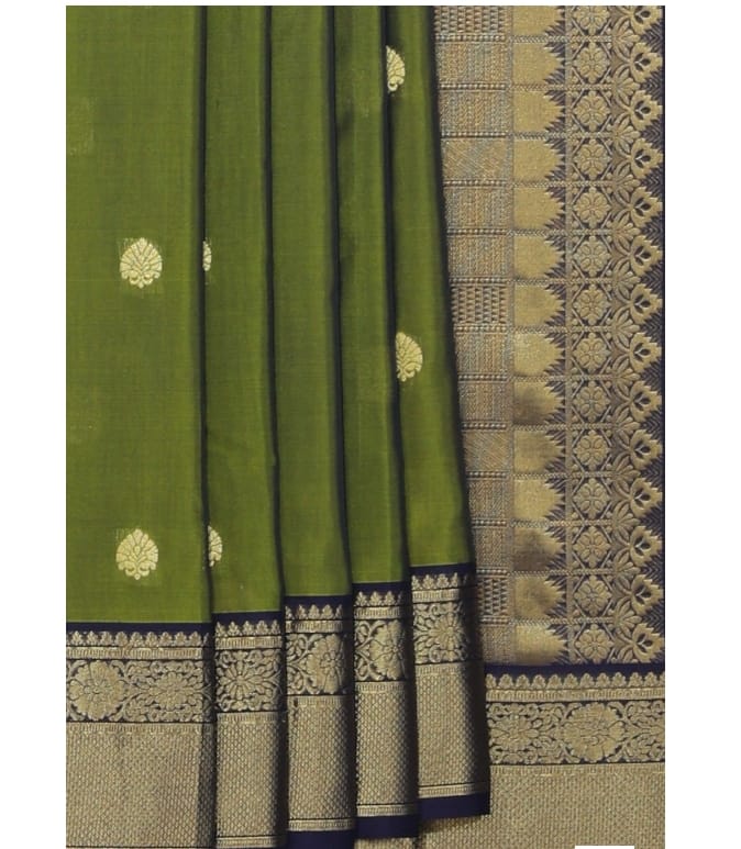 Green and gold zari woven Kanchipuram silk saree with blouse piece