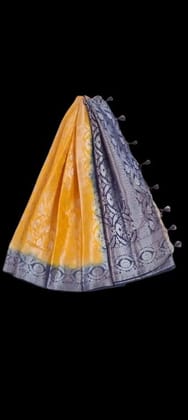 Yellow And Blue Kanjivaram Silk Saree With Silver Zari Border Yellow And Blue Kanjivaram Silk Saree With Silver Zari Border