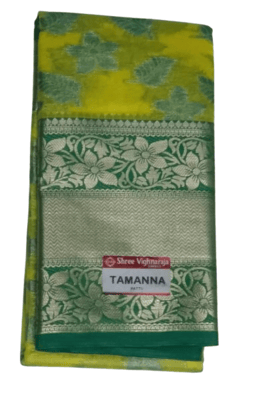 Yellow and Green Floral Saree with Blouse Piece Yellow and Green Floral Saree with Blouse Piece