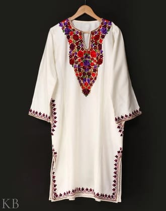 Pure White Aari Embroidered Kashmilon Phiran