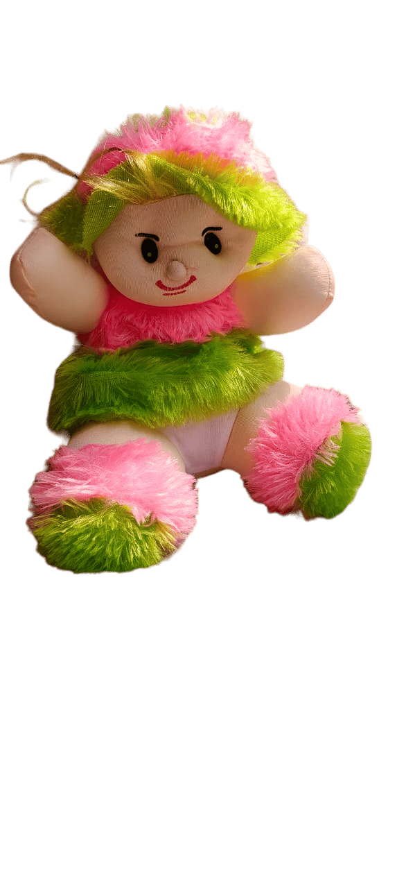 Cute and cuddly plush doll with a pink and green fur coat