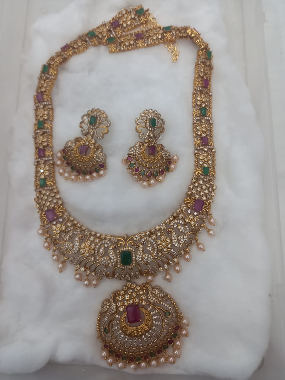 Stunning Antique Gold Plated AD Stone Necklace Set With Earrings For Women
