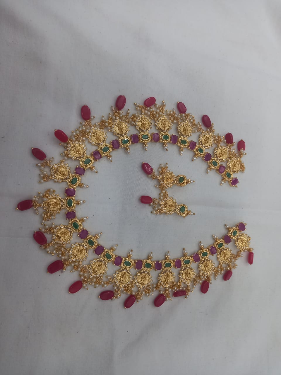 "Stunning Lakshmi Gold Necklace Set with Ruby and Emerald Stones"