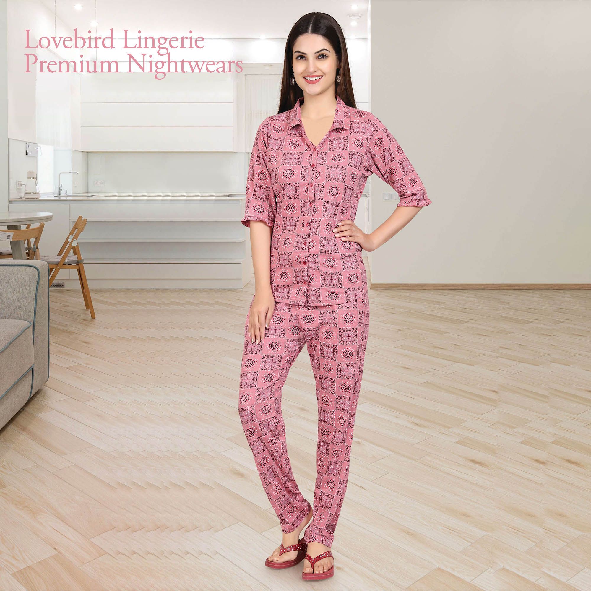 Ns-541A Hosiery Front Open Night Suit with Collar