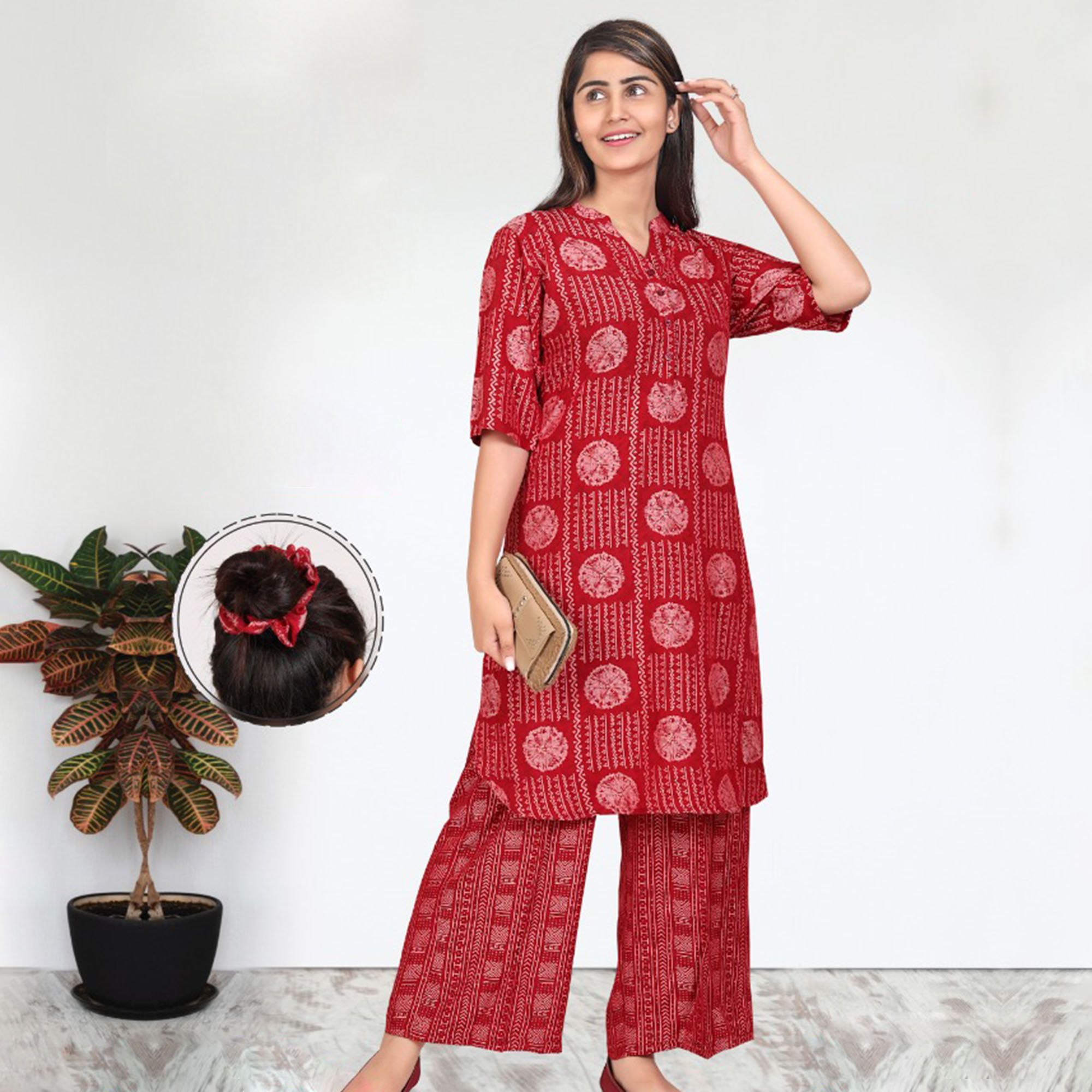 Ns-KPL408A Ryon Cotton Long Kurti Plazo Night Suit