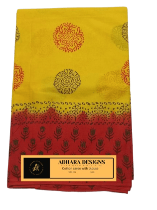 ADHARA DESIGNS Tie and dye and block printing Yellow and orange cotton saree with blouse ADHARA DESIGNS Tie and dye and block printing Yellow and orange cotton saree with blouse