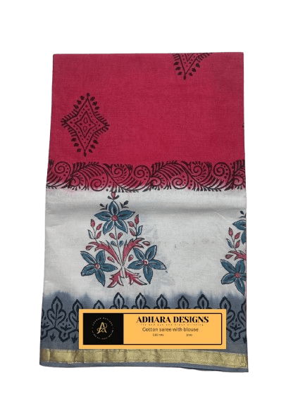 ADHARA DESIGNS Tie and dye and block printing Pink, white and grey cotton saree with blouse