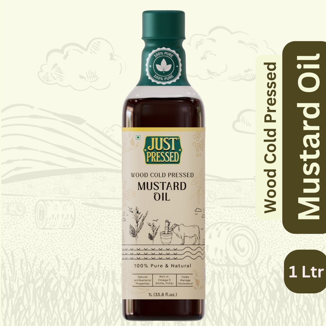 JustPressed Wood Pressed Mustard Oil 1 Litre (Cold Pressed - Extracted on Wooden Churner) | Kolhu/Kacchi Ghani / Chekku - 1 litre