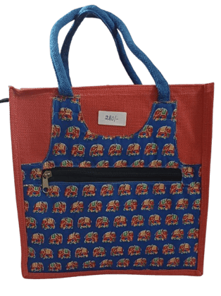 Red and Blue Elephant Print Jute Tote Bag (Size 13*13 with lining)