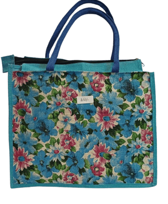 Floral printed jute tote bag with zipper closure (Size 16*13*5)