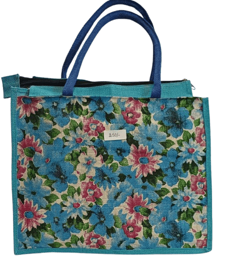 Floral printed jute tote bag with zipper closure (Size 16*13*5)