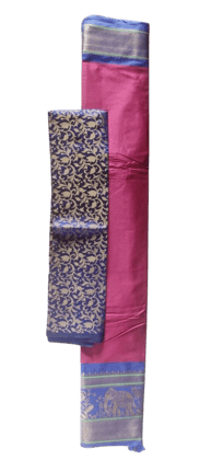 Pink Saree with Blue Border and Elephant Motif