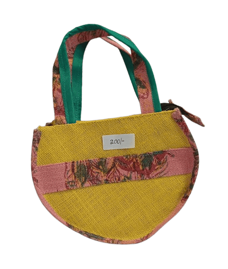 Handmade Jute Bag with Floral Print and Pink Trim (Size 9*7*4)