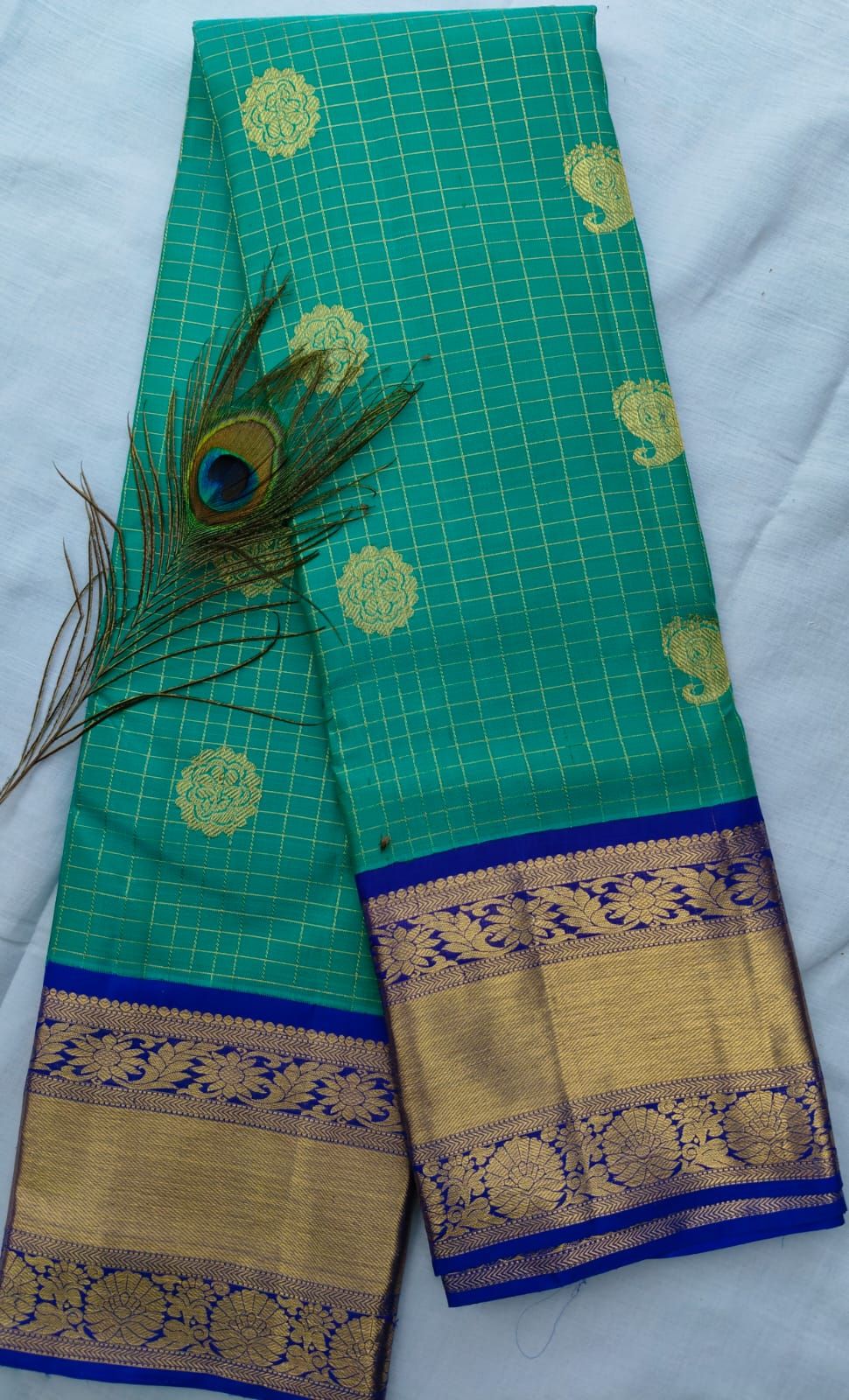 Green and Blue Checked Saree With Golden Zari Border