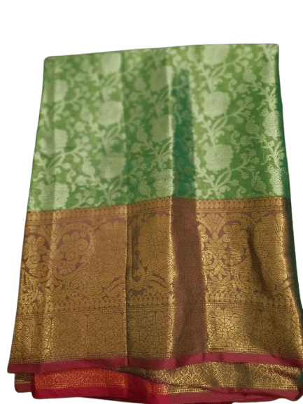 Green and gold zari woven Kanjivaram silk saree with contrast red border