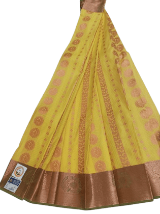 SRI GANESH PONDURU KHADI VASTRALAYAM-Yellow Kanjivaram Silk Saree With Golden Zari Border SRI GANESH PONDURU KHADI VASTRALAYAM-Yellow Kanjivaram Silk Saree With Golden Zari Border