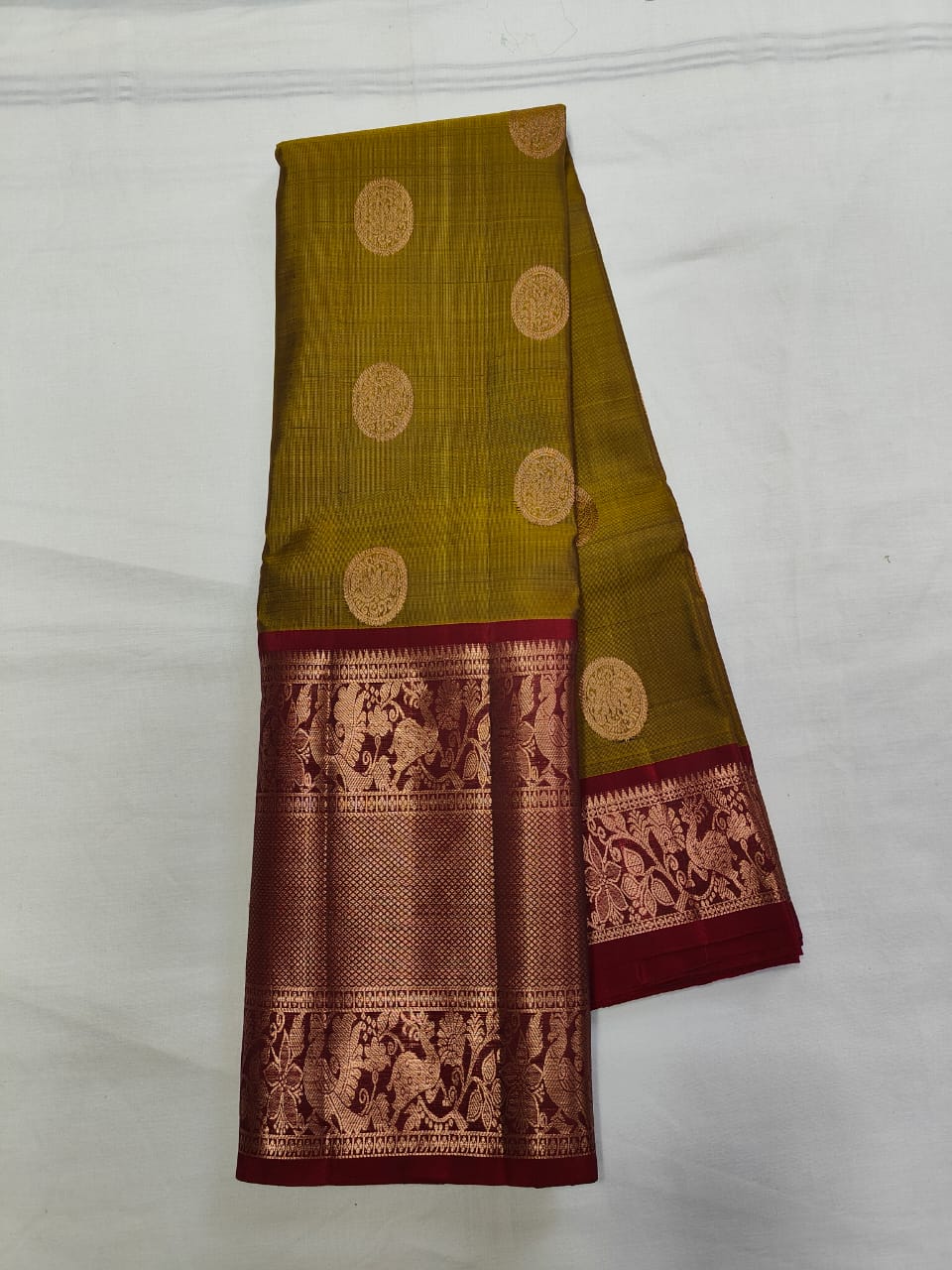  Green and Maroon Silk Saree with Peacock Motifs
