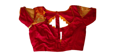 Red and gold brocade silk designer blouse with elbow sleeves Red and gold brocade silk designer blouse with elbow sleeves