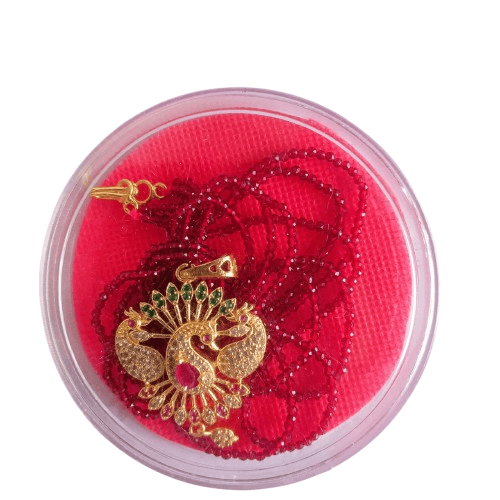  Gold Plated Traditional Indian Necklace With Ruby Beads and Peacock Pendant