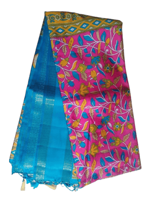 Pink Floral Saree with Blue Border Pink Floral Saree with Blue Border
