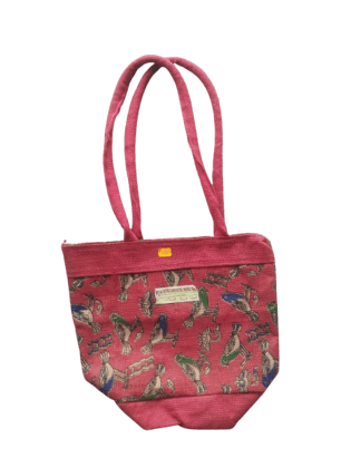  Small Pink Jute Tote Bag with Colorful Bird Print