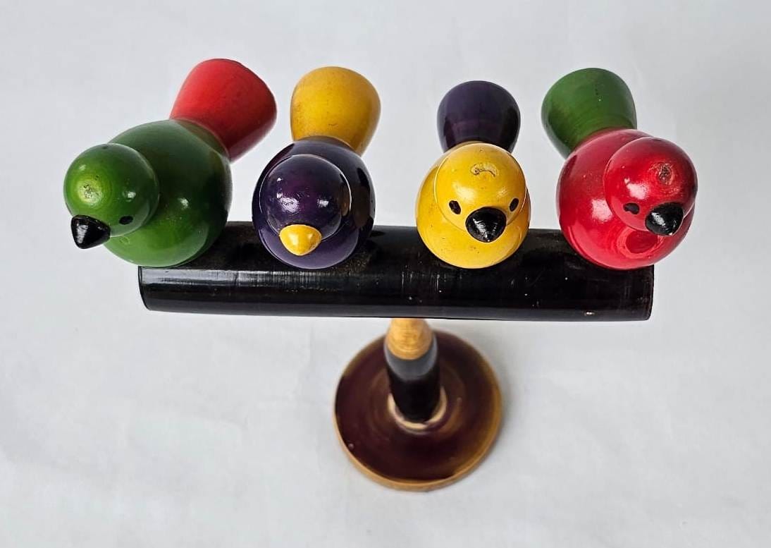 Set of 4 Vintage Hand Painted Wooden Birds on a Perch